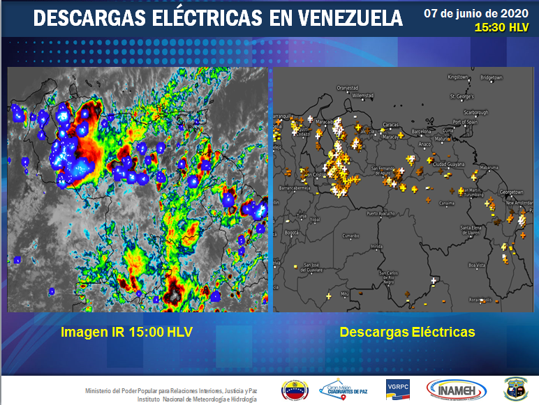 INAMEH's tweet photo. #7Jun #INAMEHInforma  Descargas eléctricas en zonas del Zulia, Falcón, Lara, Portuguesa, Táchira, Mérida, Trujillo, Yaracuy, Cojedes, Aragua, Carabobo, Apure, Barinas, Guárico, Amazonas, Bolívar y nuestro Esequibo. #Reporte de las 15:30 HLV @tutiempopereira @NestorLReverol https://t.co/pMqFPJGmM8