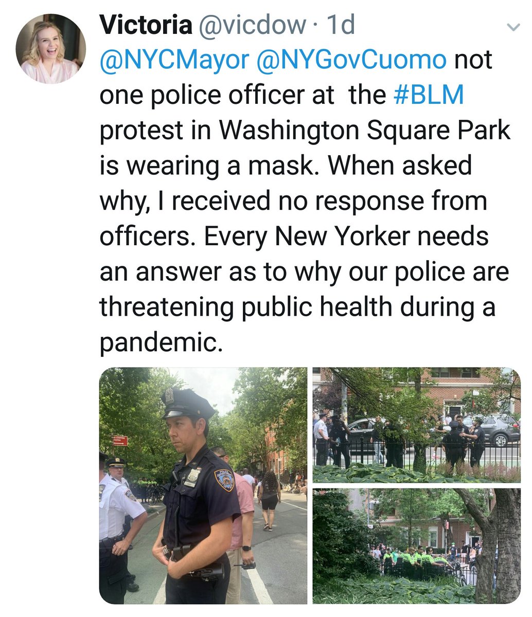Adding to threadOf all places...you'd think the  #NYPD would be most cautious of all and be wearing  #MasksSadly...that was NOT the caseSame in  #DC with all those unknown mercenariesYounger people fair better when it comes to surviving  #COVID19 - so the cops are foolish