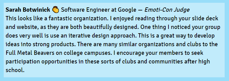 Team6636's tweet photo. @AREyouBOTorNOT appreciate your comment ☺️. Many of our members stay involved in the #STEAM field when entering college. Thanks again ❤️
#EmotiCon2020 @EmotiCon_NYC https://t.co/HNuhh0K3sr