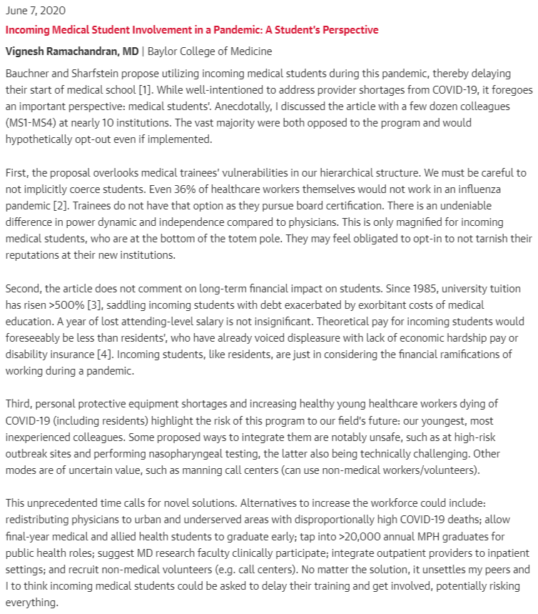 Wrote this reply ~2 mo ago &amp; finally mustered the courage to submit. Trainees' voices matter and we, too, should to express our opinions. "Medical Students and Public Health Service for the COVID-19 Pandemic" ja.ma/30kANY6 #MedTwitter #MedStudentTwitter #MedEd #COVID19