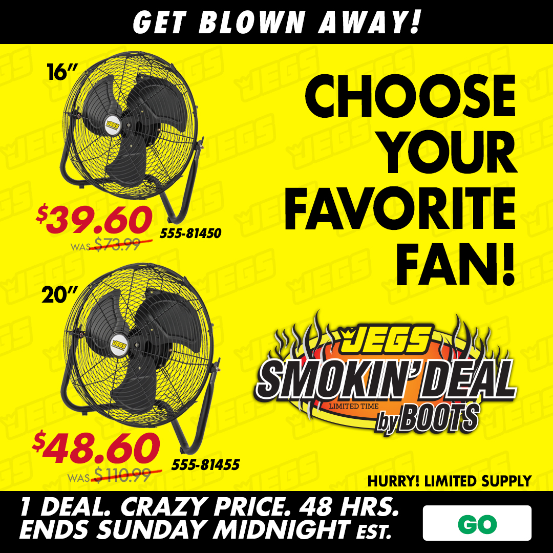 JEGSPerformance's tweet photo. This weeks JEGS Smokin' Deal by boots will be a great addition to your shop to simply keep it COOL with summer approaching. Get your Fan TODAY as this deal is ENDING SOON!!=====>https://t.co/v8WXiiFhaL #JEGSsince1960 #smokindeal #shopfans #summer https://t.co/VLXFxnxqJO