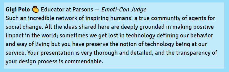 Team6636's tweet photo. Shoutout to Gigi Polo from @parsonsdesign @TheNewSchool for commenting on our #EmotiCon2020 project! 🙌🏾 Our vision is to bring about real social change and transform ⤴️ how people view #STEAM! https://t.co/ObIEsLT4r9