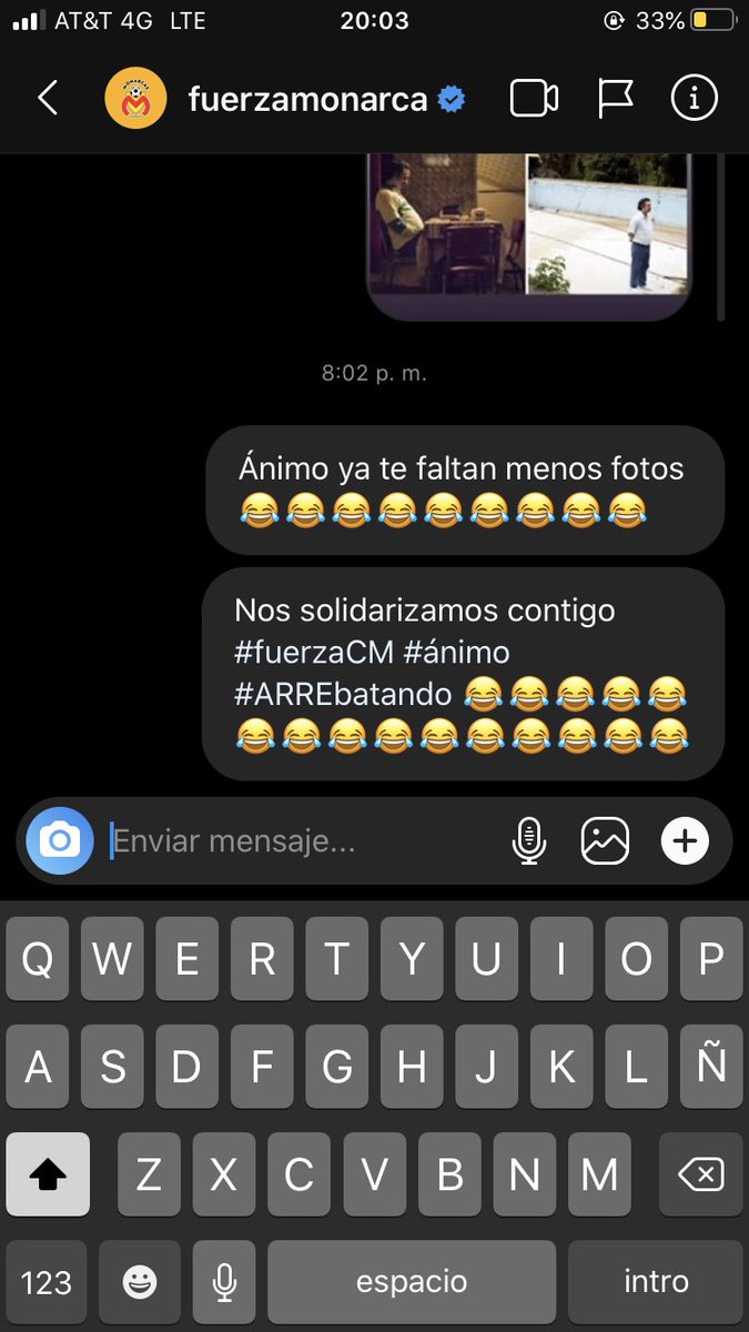 Mandándole un mensaje de ánimo al CM de @FuerzaMonarca que ya casi termina de eliminar nuestra historia en insta 😂😂😂 #ARREbatando @Alfonsorumualdo