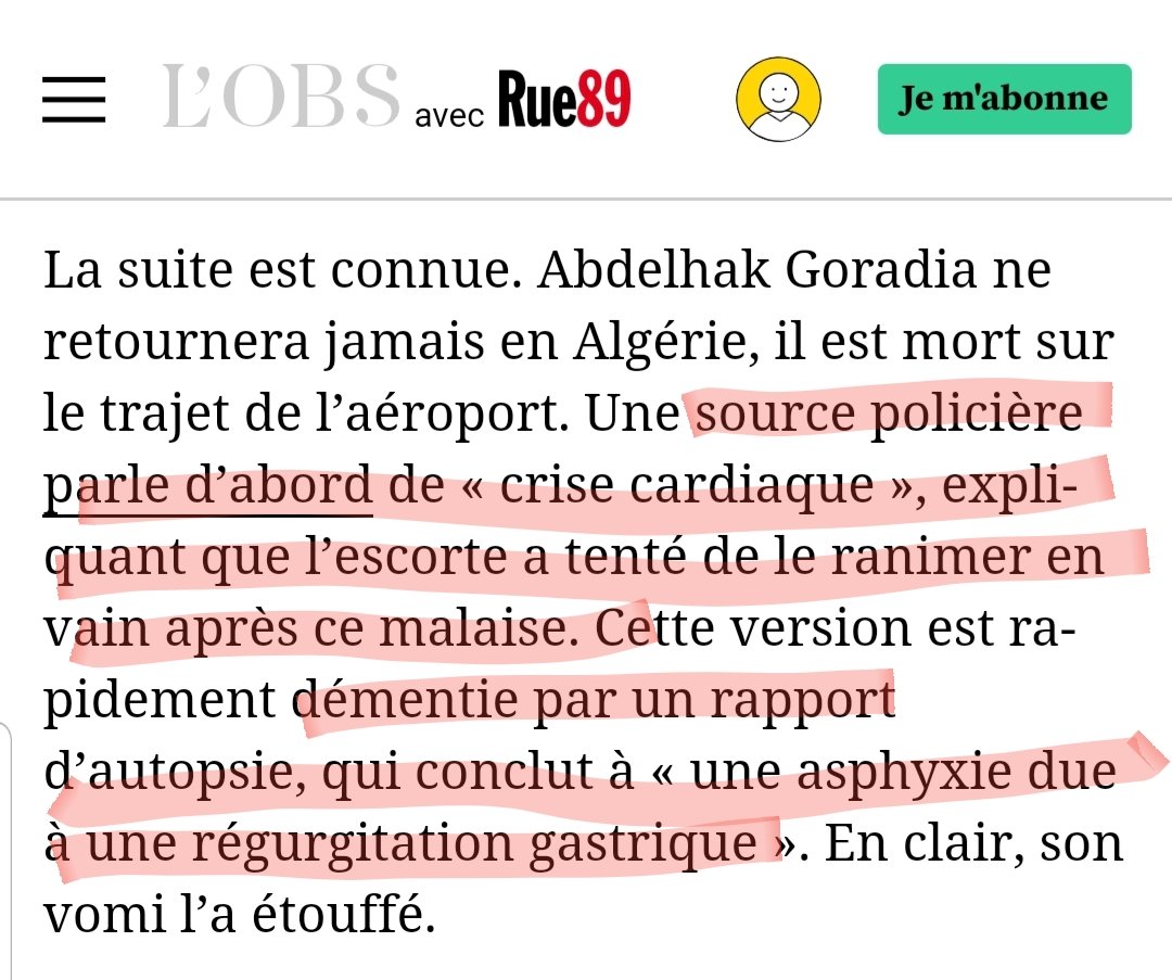 2014- Roissy: Abdelhak Goradia, 51 ans, mort lors de son trajet pour expulsion. La police parle d'abord d’une crise cardiaque. L’autopsie dément et conclut “une asphyxie due à une régurgitation gastrique”. Il s’est étouffé dans son vomi.Traces d’hématomes sur nez et visage.