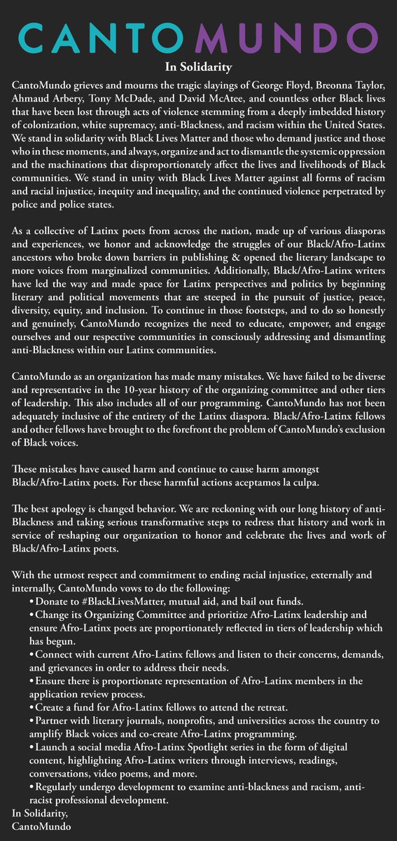 #CantoMundo stands in unity with Black Lives Matter against all forms of racism and racial injustice, inequity and inequality, and the continued violence perpetrated by police and police states.

Below is our full statement, including our own actions to  strengthen CantoMundo.
