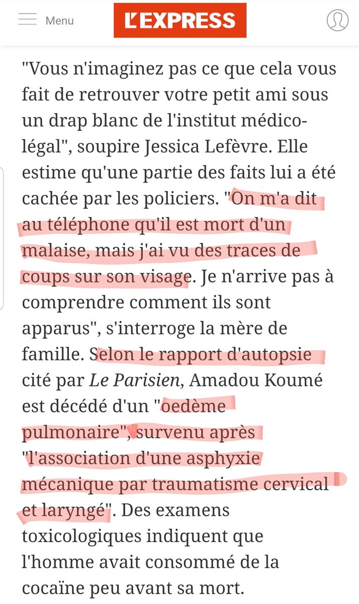 2015- Paris: Amadou Koumé, 33ans, tué par un agent de la BAC par clé d’étranglement. Des témoins ont vu Amadou suffoquer. Il est découvert inanimé dans sa cellule. L’autopsie conclut qu’il est mort d’asphyxie et de traumatisme facial et cervical.2019: 3 policiers mis en examen