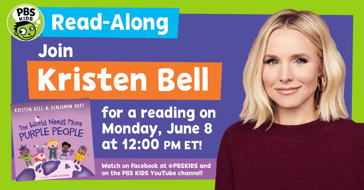 PBSKIDS's tweet photo. Join actress @KristenBell for a reading of her book “The World Needs More Purple People” and hear about how you can paint the world purple! Watch the premiere on the PBS KIDS Facebook page and YouTube Channel at 12 p.m. ET! https://t.co/BTV59LSFTJ https://t.co/Ew22XEEInd