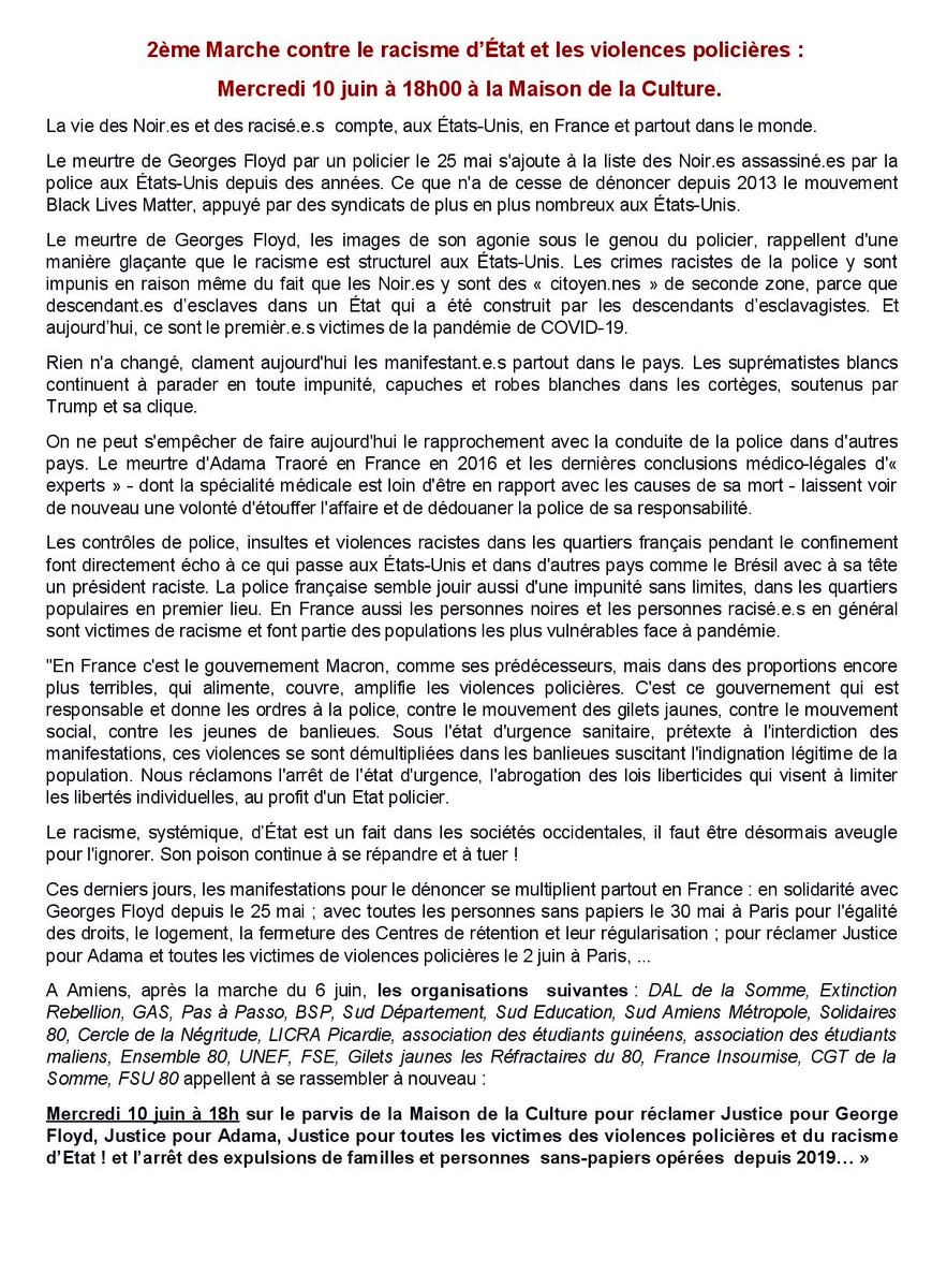 LadentRomain1's tweet photo. Ce mercredi 10 juin a 18h contre le racisme. @Bakhti80 @fbleupicardie @dalamiens @F3Picardie @benoitpcht https://t.co/6bHhLQkSvD