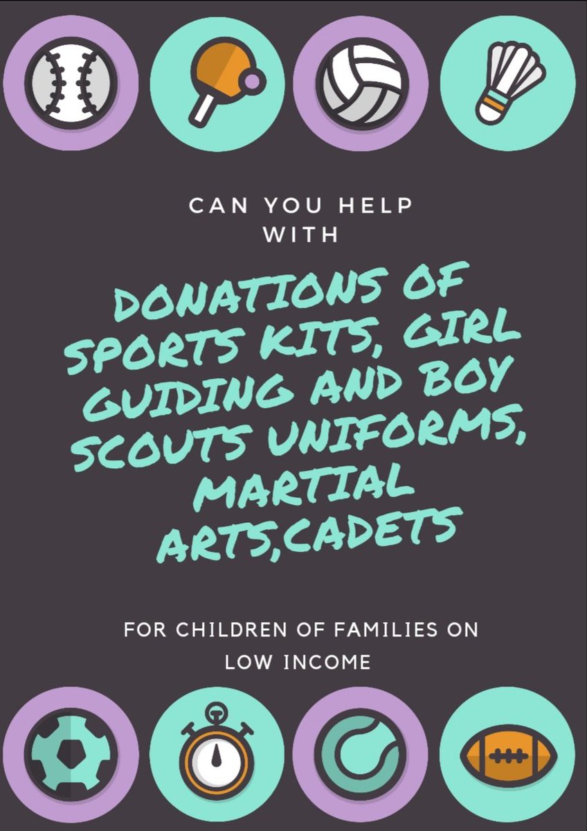 As well as school uniform this year I will be collecting donations for cubs,scouts, Rainbows, Brownies, sports kits, marital arts and cadets etc 
I got asked alot last year as these kits/uniforms are expensive and means some children cant join clubs or do sports extra curricular