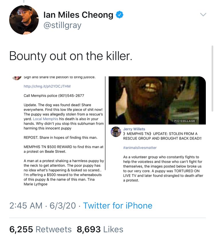 RationalDis's tweet image. Ian lied about a guy killing a dog, incited people to "bounty hunt" him, &amp;amp; threatened the guys life.

The dog is alive &amp;amp; Ian hasn't deleted any of these.