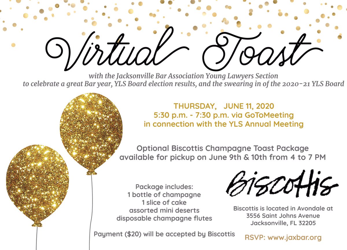 JaxBarYLS's tweet photo. We look forward to seeing all of our YLS members at our Virtual Swearing In and Champagne Toast this Thursday! 

We will be celebrating our bar year, announcing YLS Board Election results and swearing in the new YLS Board. @biscottisjax @myjaxbar @flabaryld https://t.co/TTwhfIPDPb