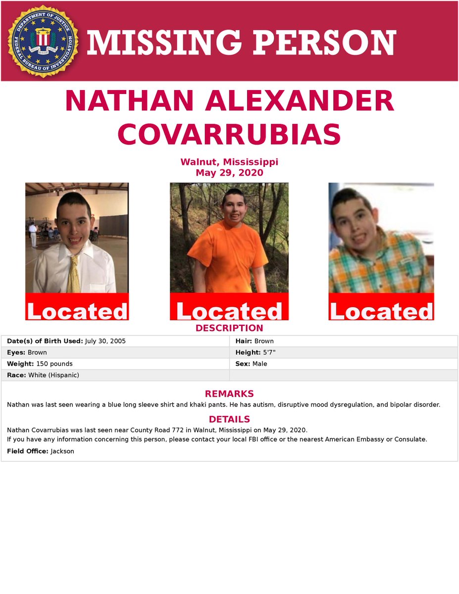 FBIJackson's tweet photo. Nathan Covarrubias has been found ALIVE in Tennessee, thanks to the hard work of law enforcement, the community and social media. Everyone is thankful that he is alive and will be reunited with his family. https://t.co/zHj0SZ9Fc9