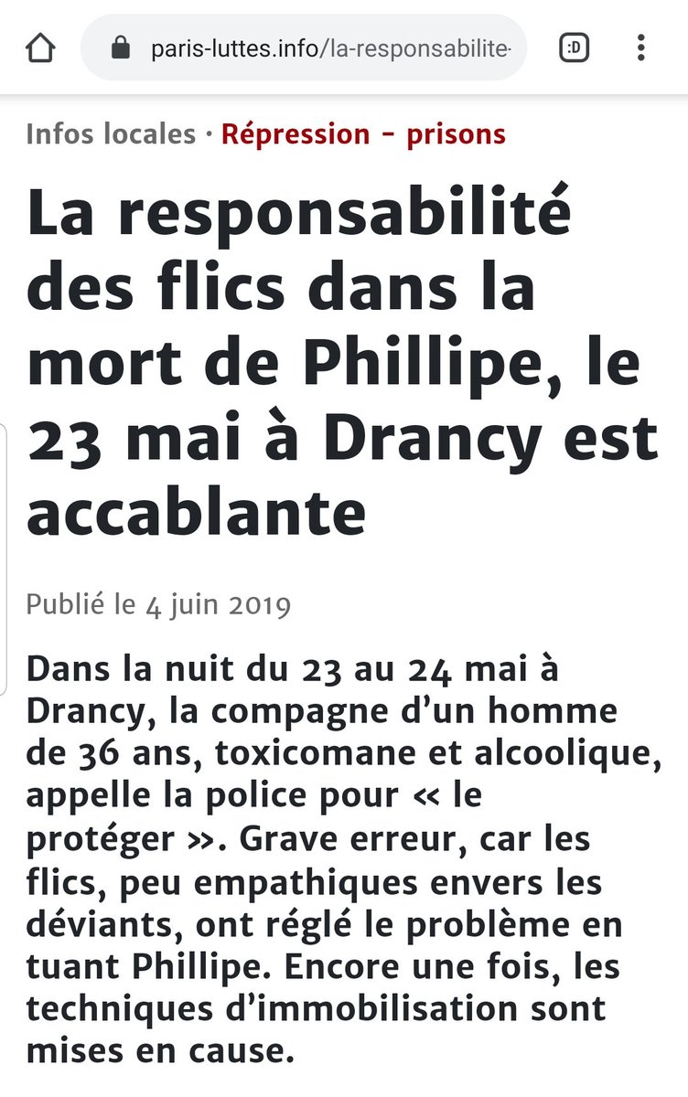2019-Drancy: Phillippe F., 36 ans, menotté au sol, il subit un étranglement de la part d’un policier. Il décède une heure plus tard.L’autopsie conclut à une asphyxie.