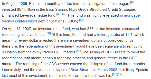 A wild plot twist I was not aware of until today: JE's redemption from Bear Stearns High-Grade Structure Credit Strategies Enhanced Leverage fund (real heads know this one) due to his impending arrest might have, uh, actually been the proximal cause of the GFC?