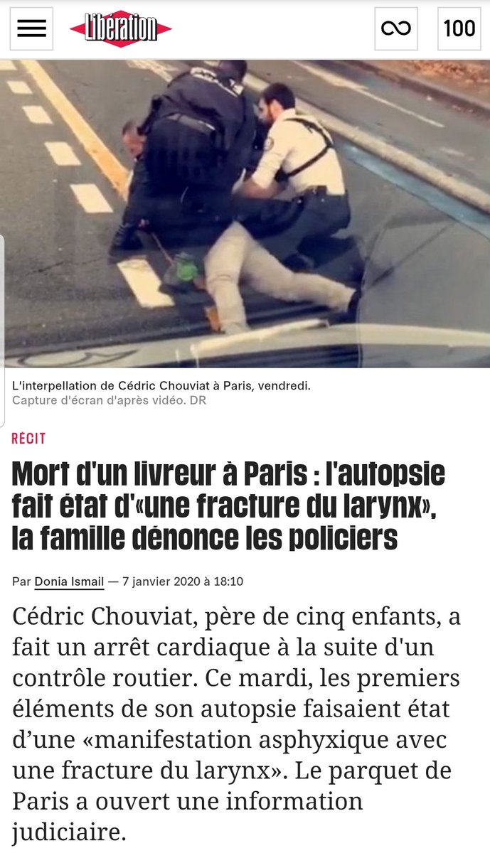 2020- Paris: Cédric Chouviat, 42 ans, décédé suite à un contrôle route. Plaqué et étranglé lors de ce contrôle par 3 policiers.Il meurt quelques heures plus tard d’une asphyxie avec fracture du larynx.