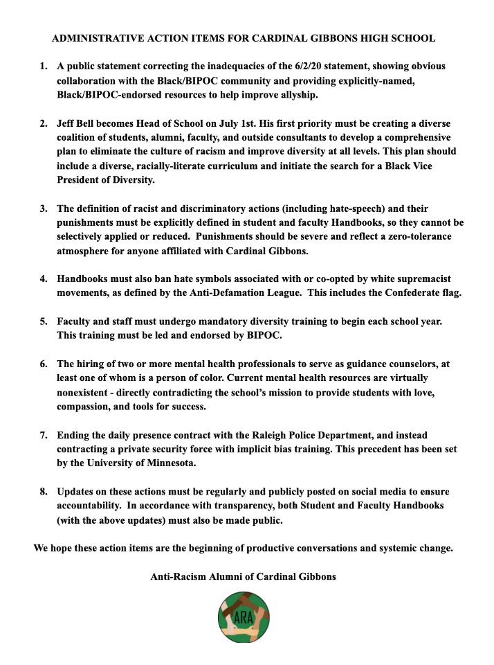 AntiRacismAlums's tweet photo. We are calling on the @cghsnc administration to implement the following action items to begin creating a safe and supportive environment for BIPOC.  This list was created in consultation with 35+ BIPOC Gibbons alumni. https://t.co/Evlz1ScB4m
