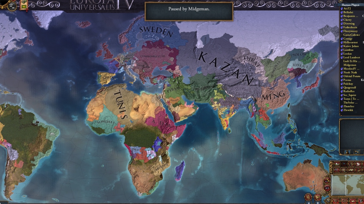 orbitalpotato's tweet image. Massive thanks to @midgemangames1 for organising a brilliant EU4 creator multiplayer game. Also thanks to the ever fantastic @GameGabster and @TheSolarGamer for great banter! This was the game state at the end of the event, I'm the Mughals in the middle, not bad IMHO. GG!