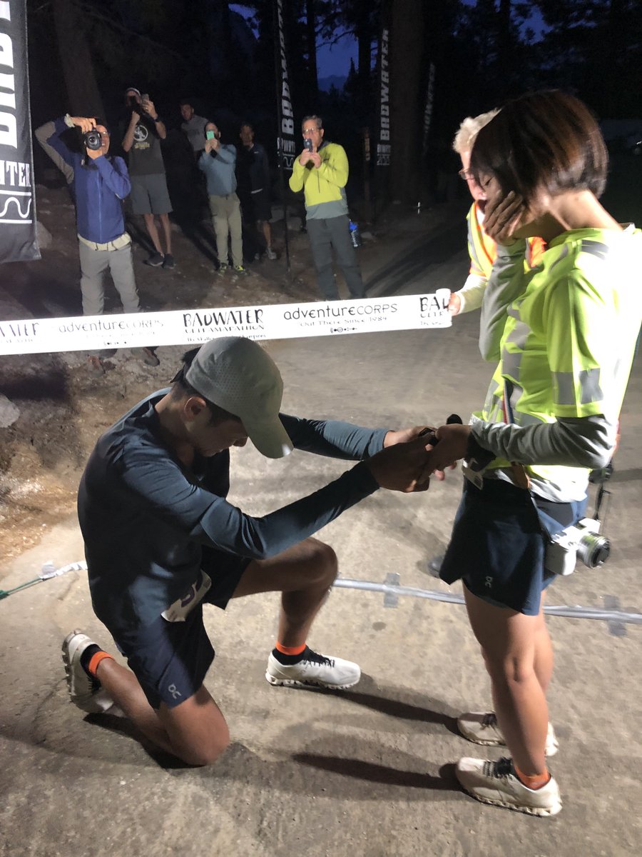 badwater's tweet photo. Yoshihiko Ishikawa, 31, of Japan broke the men’s world record at the 2019 Badwater 135 in 21:33:01. He then got down on one knee and proposed to his girlfriend, Miki Matsushima - and she said yes! Check out this interview, in English. https://t.co/A3YwiImJ0B https://t.co/2WT9HwEvJ5