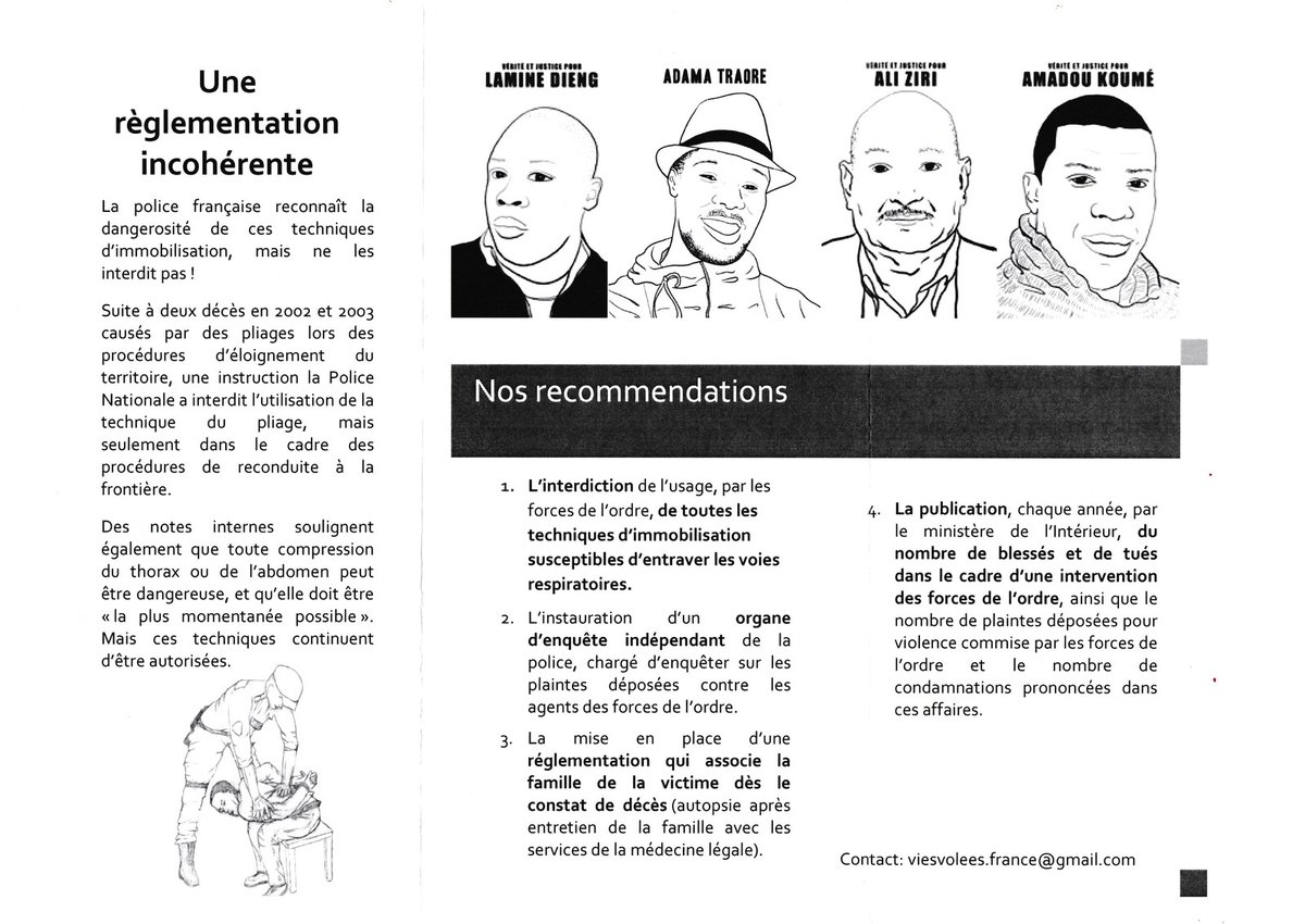 Depuis des années les familles de victimes de ces violences policières luttent pour l'interdiction des techniques dangereuses d'immobilisation enseignées en école de police : le pliage, le plaquage ventral et la clé d'étranglement.Il est vraiment temps de les interdire !