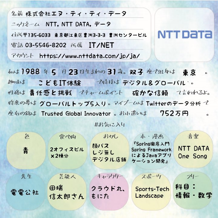 あの企業のプロフィール帳 毎日更新 株式会社エヌ ティ ティ データ ひそかなチャレンジャー あの企業のプロフィール帳 弊社のプロフィール帳 Nttdata Ntt ホワイト企業 転職活動中 転職したい 就活生 就活生と繋がりたい 就活 あの企業のプロフィール帳 毎日更新 株式会社エヌ ティ ティ データ ひそかなチャレンジャー あの企業のプロフィール帳 弊社のプロフィール帳 Nttdata Ntt ホワイト企業 転職活動中 転職したい 就活生 就活生と繋がりたい 就活