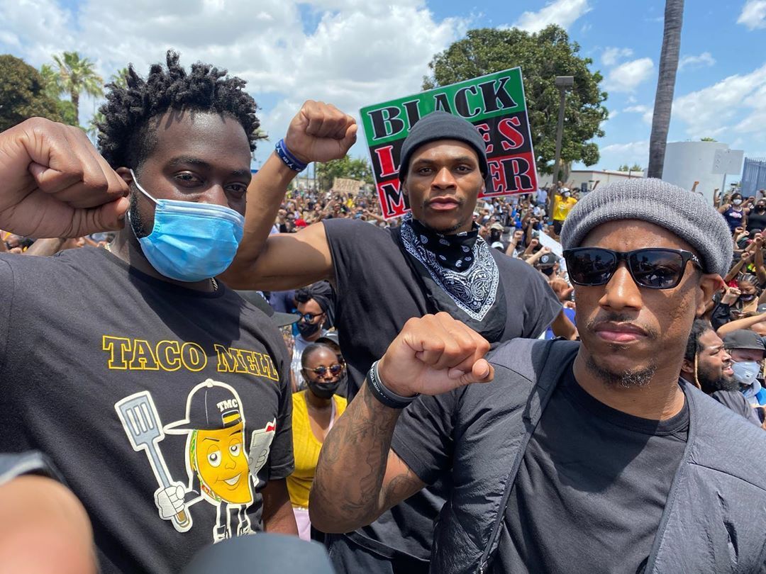 BleacherReport's tweet image. DeMar and Russ protesting with Kendrick Lamar in Compton today.

(via taco_mell/Instagram)