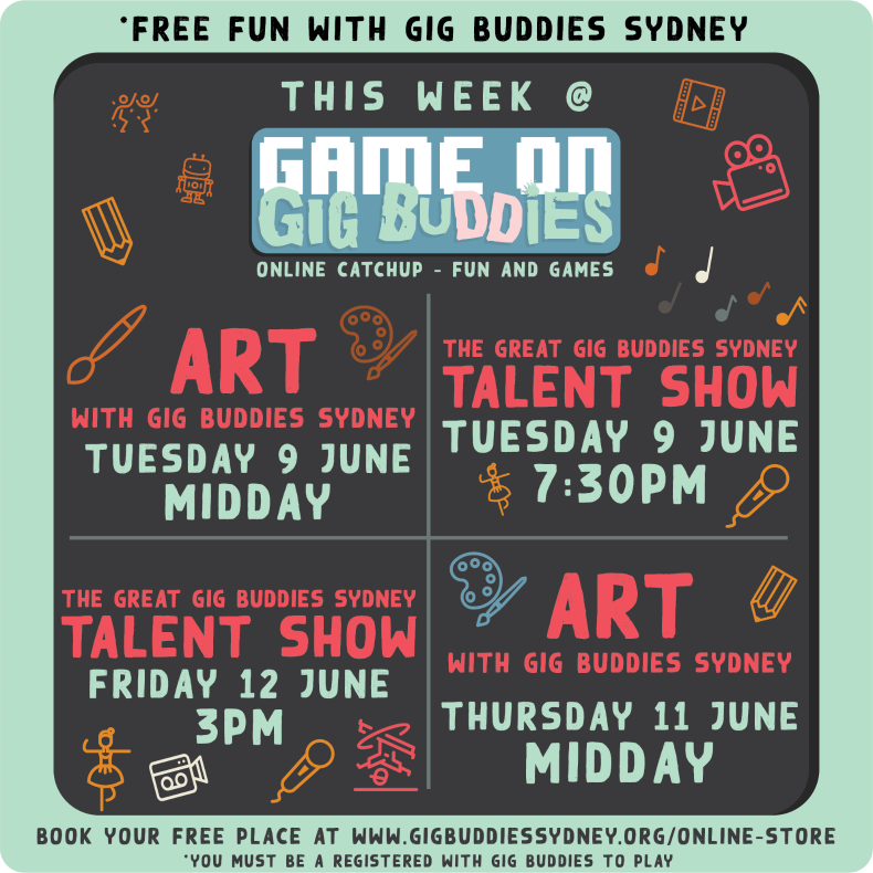 gigbudsydney's tweet photo. There’s no blog today, but we’ve plenty planned for the next five days. 

This week buddies are invited to join us online for the Great Gig Buddies Sydney Talent Show and our very own art class 🎭 🎨

💻 Load up the following link to join in: https://t.co/jLiZNtmVYd https://t.co/fgb6EO47os