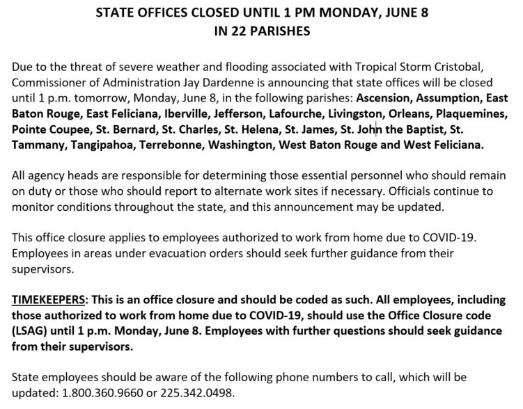 State offices closed in 22 parishes tomorrow (6/8/20) until 1 p.m.