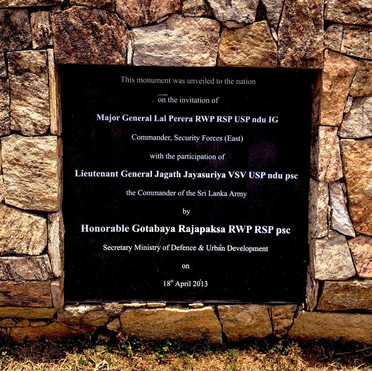 In Kudumbimalai, Batticaloa, a victory monument, opened by war criminals Gotabaya Rajapaksa and Jagath Jayasuriya