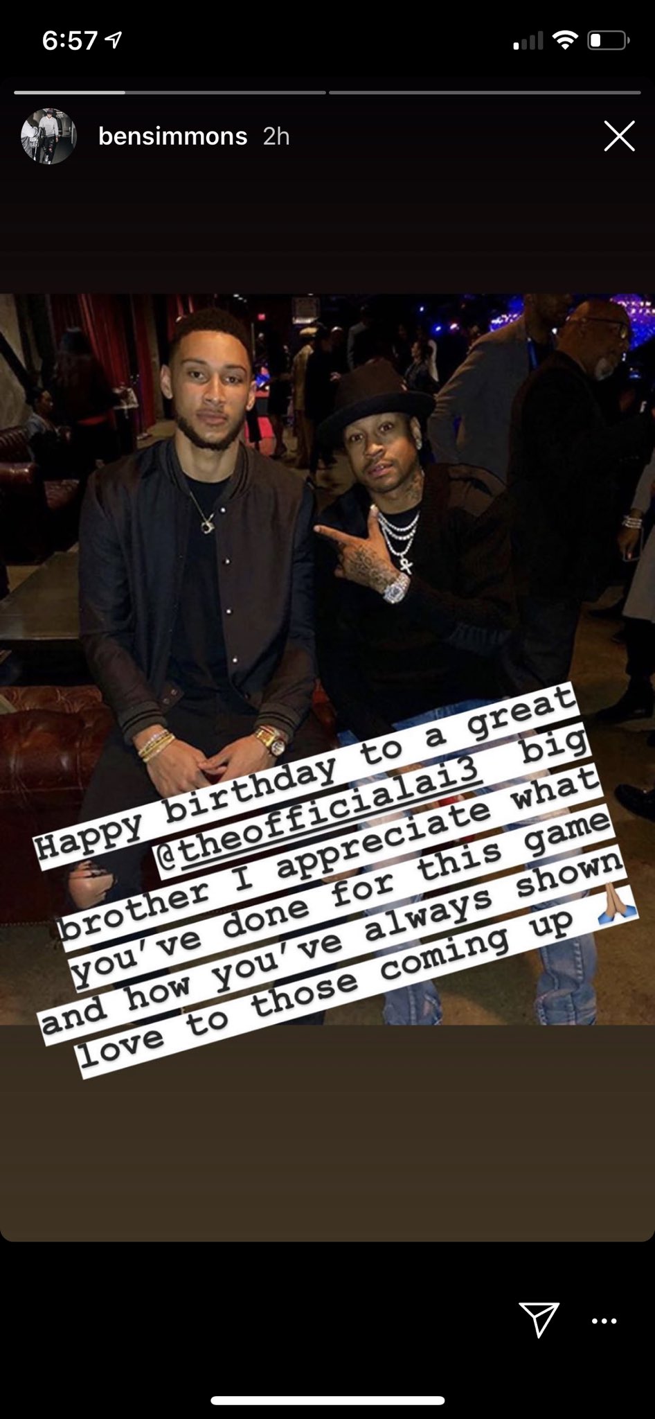 Ben Simmons wishing franchise legend Allen Iverson a happy birthday today 