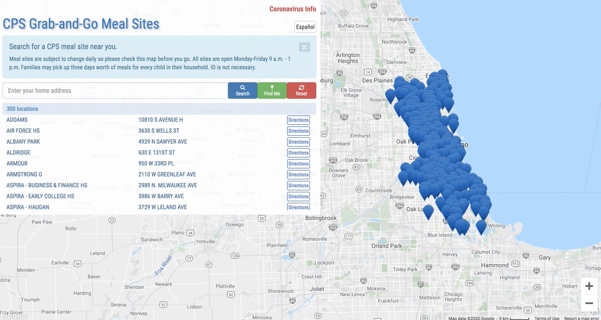 REMINDER: Food distribution sites are open 9 am - 1 pm Mon - Fri during school closures. 

Use the CPS Grab-and-Go Meal Site Finder to locate the school with meals nearest your family: CPS.edu/mealsites