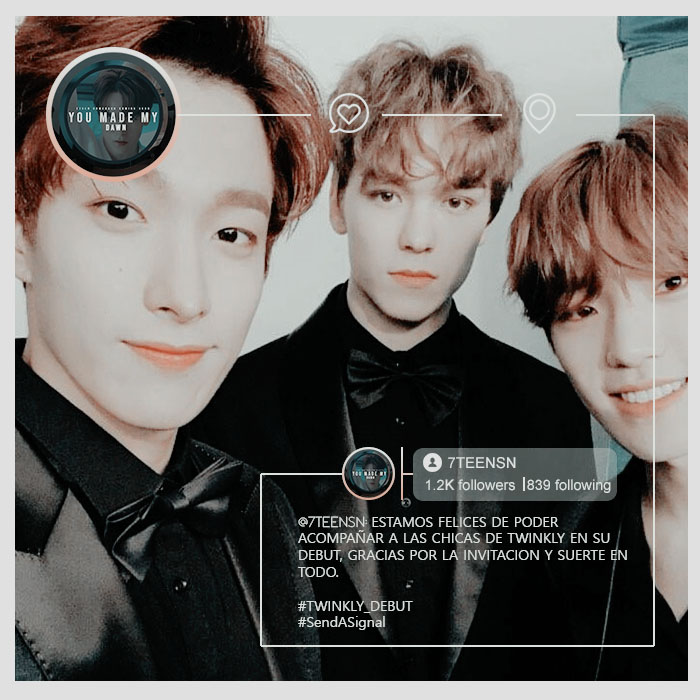 7TEENSN's tweet image. 〔💎〕; #TWINKLY_DEBUT #SendASignal  
↷ · @ . . . / sᥲყ thᥱ ᥒᥲmᥱ 7tᥱᥱᥒ¡!%;

Estamos presentes en el DEBUT de las hermosas TWINKLY. Gracias por la invitación y felicidades chicas! Les traemos un regalo. 

« 𝟕𝐓𝐄𝐄𝐍 𝐑𝐢𝐠𝐡𝐭 𝐇𝐞𝐫𝐞 »