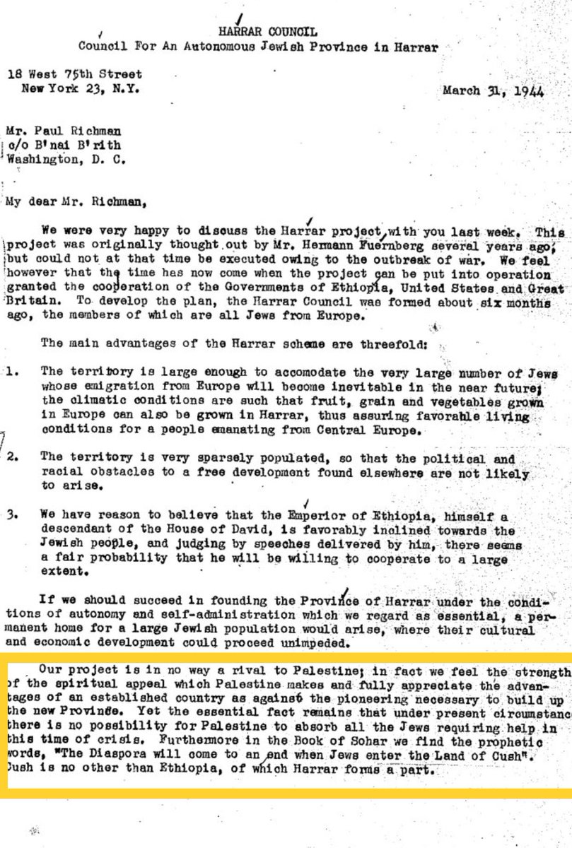 Tseday (@tseday) on Twitter photo Here is why Zionists would still want a piece of Ethiopia.
There is a prophecy mentioned in Jewish Kabbalah that “The Diaspora will come to an end when Jews enter the Land of Cush”.
Read this letter dated March 1944 written to <a href="/BnaiBrith/">B'nai B'rith Intl.</a>. This was before Israel was created! Here is why Zionists would still want a piece of Ethiopia.
There is a prophecy mentioned in Jewish Kabbalah that “The Diaspora will come to an end when Jews enter the Land of Cush”.
Read this letter dated March 1944 written to <a href="/BnaiBrith/">B'nai B'rith Intl.</a>. This was before Israel was created!