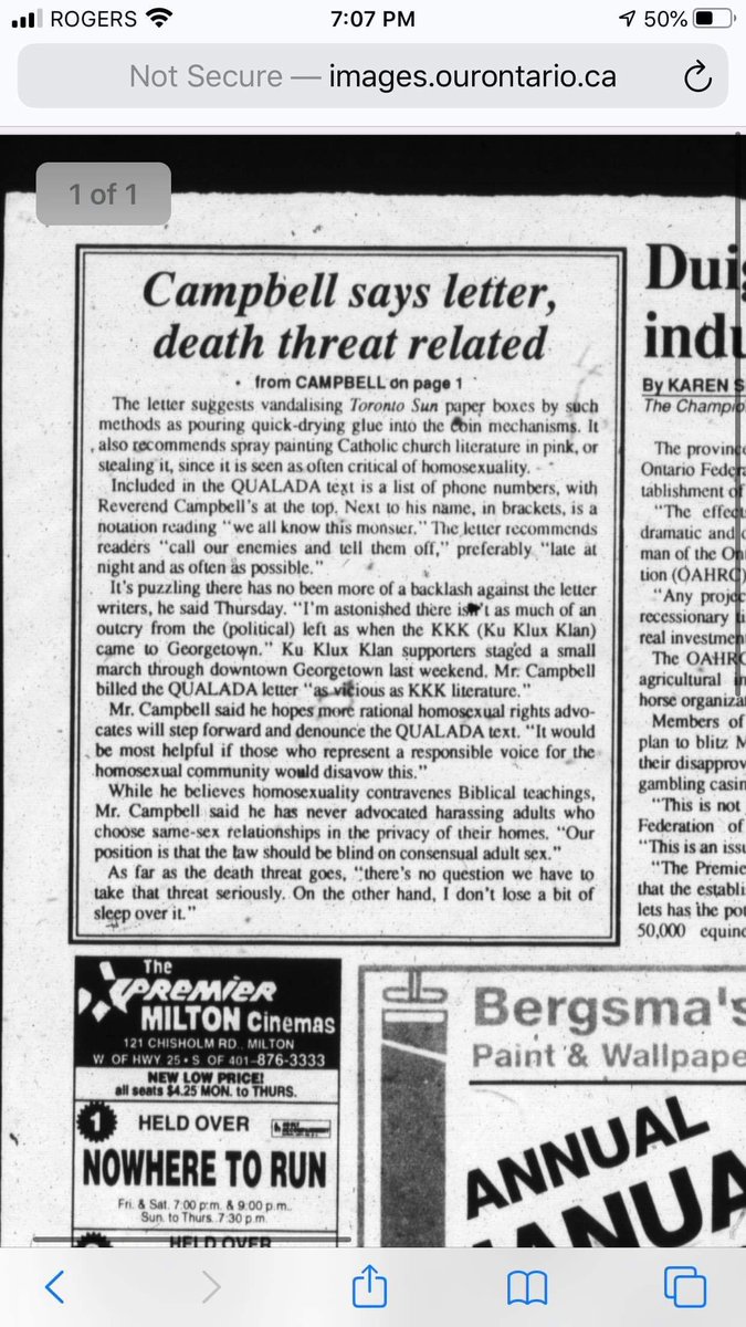 Michael52380711's tweet photo. There is also reportedly an article that has been removed from public record depicting and reporting a KKK march through Georgetown and Acton, ON (issue released Jan 20th 1993, I&amp;FP).

Here is an image of a letter referencing that march, proving it in fact occured (pub. Jan 27). https://t.co/eVSIq3IGdO