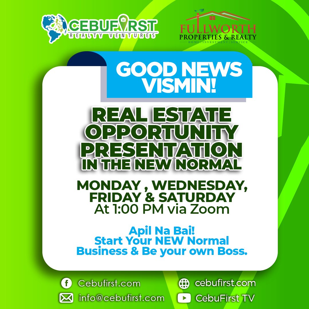 Join us!
Topic: REAL ESTATE OPPORTUNITY PRESENTATION - NEW AGENTS ORIENTATION
Time: Jun 8, 2020 01:00 PM Singapore

Join Zoom Meeting
us02web.zoom.us/j/81760523925…

Pls. Tell during the Webinar you are invited by

Christian Quinones