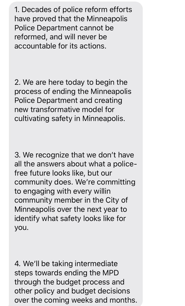 MattFinnFNC's tweet photo. Minneapolis city council members just annouced a “veto-proof majority” to end the Minneapolis Police Department. Here is their statement: https://t.co/7KFAk6PyV4