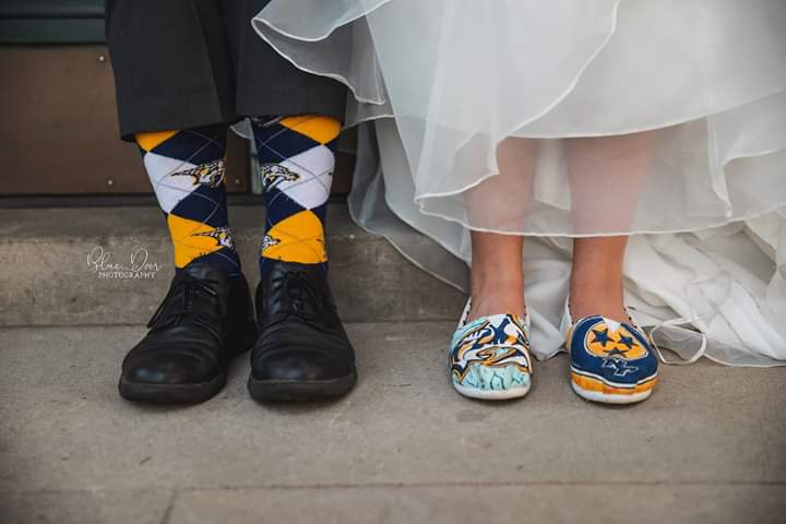 _JudieLynn's tweet image. @PredsNHL we got married yesterday but had to rep our favorite team under our attire!