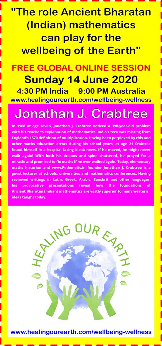 🇮🇳 Namaste Shri Narendra Modi Ji and Dr Ramesh Pokhriyal Nishank Ji <a href="/narendramodi/">Narendra Modi</a> <a href="/DrRPNishank/">Dr. Ramesh Pokhriyal Nishank</a> 

I humbly invite you to watch a 15-minute talk 🙏

“The role Ancient Bharatan (Indian) maths can play for the wellbeing of the Earth”

Sunday 14th June 4:30 PM
healingourearth.com/wellbeing-well…