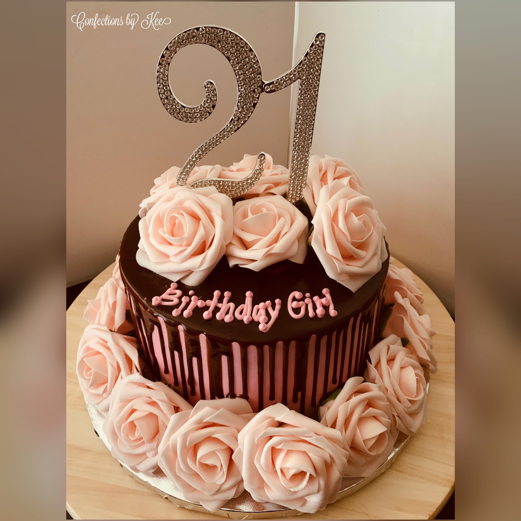 X \ Confections by Kee على X: "21st Birthday Cake for the Birthday Girl • This Custom Birthday Cake is Vanilla Flavored with Pink Vanilla Buttercream Frosting, Chocolate Ganache Drip, and