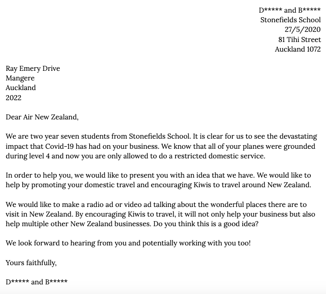 Two learners from <a href="/StonefieldsSch/">Stonefields School</a> want to help <a href="/FlyAirNZ/">Air New Zealand</a>. They realise the impact of #COVID19 and want to #MakeADifference.  Can you help them to help you? <a href="/AirNZMedia/">AirNZMedia</a>
