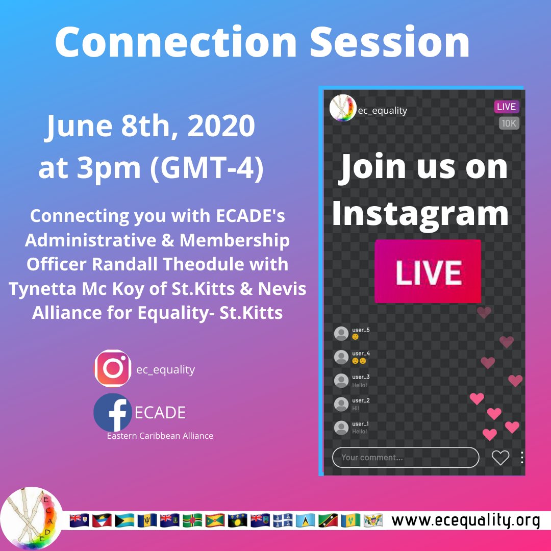 EC_Equality's tweet photo. Connection session number 6. Tomorrow at 3:00pm (GMT-4) we will be getting to know some more about Saint Kitts and Nevis Alliance for Equality #connectionsession #whywework #lgbtqi #workfromhome #gettoknowus #equality #instagramlive https://t.co/MPC5bKd3kO