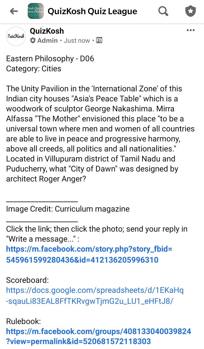 QuizKosh's tweet image. Eastern Philosophy - D06
#cities

DM your answer plz.

#UnityPavilion #Indian #MirraAlfassa #TheMother #villupuram #TamilNadu #Puducherry #RogerAnger

#quiz #quizzes #trivia #facebook #instagram #twitter #pictureoftheday #questionoftheday #knowledge