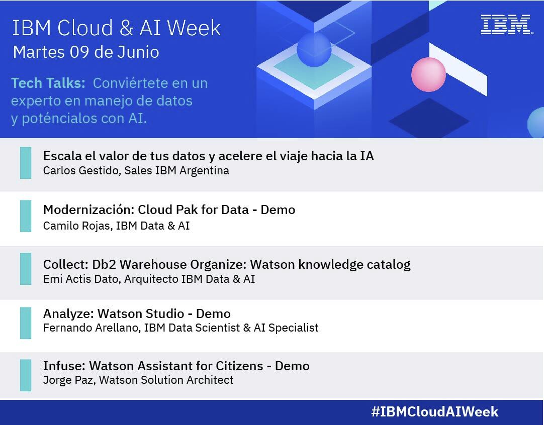 Tecnologia21com's tweet photo. 🚀MAÑANA inicia #IBMCloudAIWeek, el evento online GRATUITO con lo MEJOR sobre Cloud e Inteligencia Artificial EN VIVO. Del 9 al 11 de junio.

💼 Charlas de negocios: https://t.co/tqQwQpI1PG

📚 Charlas técnicas: https://t.co/DMx7c7dDHD

#Negocios #Tecnología #Eventos #Gratis https://t.co/Io7uQErPB2