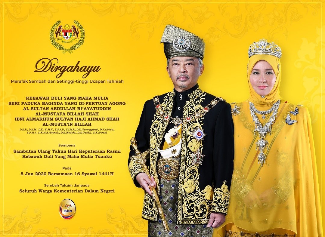 DIRGAHAYU TUANKU

Merafak sembah setinggi-tinggi tahniah KDYMM Seri Paduka Baginda Yang di-Pertuan Agong Al-Sultan Abdullah Ri'ayatuddin Al-Mustafa Billah Shah Ibni Almarhum Sultan Haji Ahmad Shah Al-Musta'in Billah bersempena Sambutan Ulang Tahun Hari Keputeraan Rasmi.