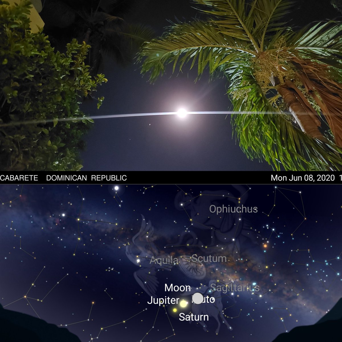 CaliWayfarer's tweet photo. Rare alignment #Moon #Jupiter #Saturn seen clearly in #DominicanRepublic in the #Caribbean #astronomy #astrology #SkyWitness7 https://t.co/BJR7PuynPt