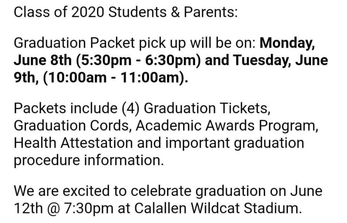 Calallen2020's tweet photo. 👇THIS!👇 Don’t forget to come pick up your grad packet beginning Monday evening!  #lotsofgoodies #noidonthaveextratickets #graduationweek #itllbegreat #wearecalallen ♥️🐾🎓 https://t.co/vEJMoj2n2X
