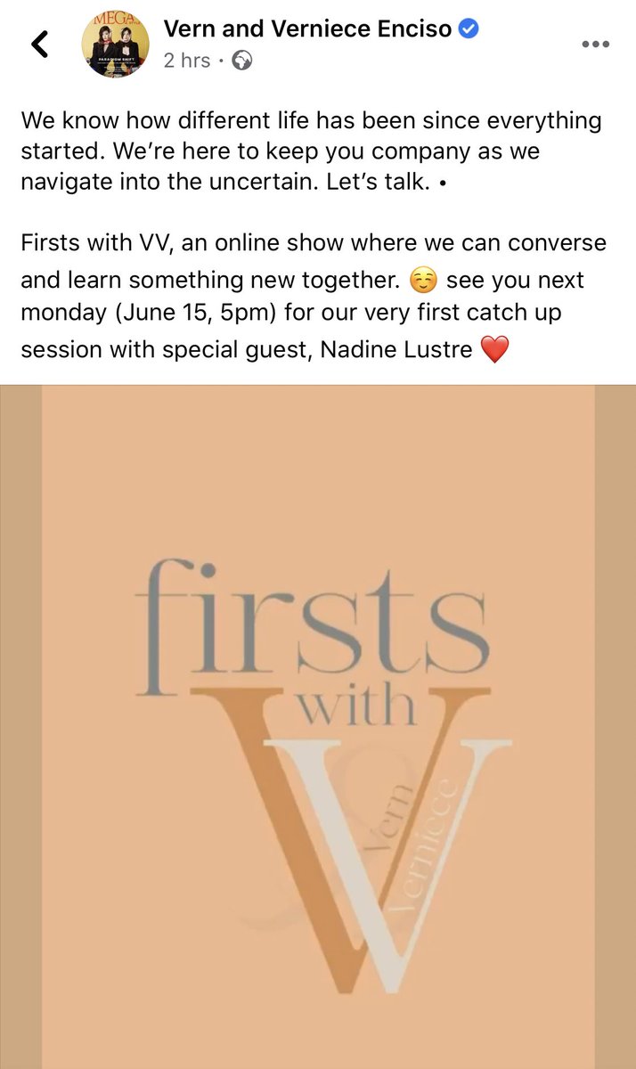 WLJD_Alabang's tweet photo. Firsts with VV, an online show where we can converse and learn something new together. โบ๏ธ see you next monday (June 15, 5pm) for our very first catch up session with special guest, Nadine Lustre โค๏ธ
#FirstWithV&V
#CelebristarSlambook
#DigistarPHLive
#MegamorphosisLive https://t.co/8P7LAePY0h