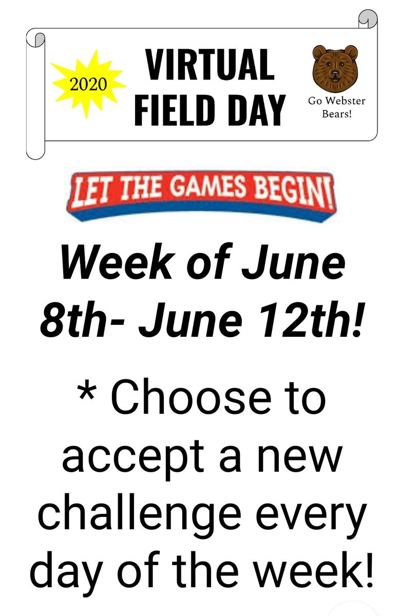 Webster's Virtual PE Field Day Week! Staff and students will participate in daily PE challenges throughout the week! Thanks to our PE teachers, Mr. Pucino and Ms, Reall, for organizing this school wide event!