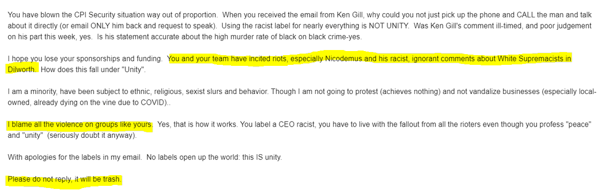 timnicodemus's tweet photo. Some anonymous person is having a super normal one by sending the organizer of the #BoycottCPI this email. Shout out to @gregontuck for apparently inciting a riot (?) for our conversation about subtle racism in historically wealthy, white areas. https://t.co/vgpHe4pjBO