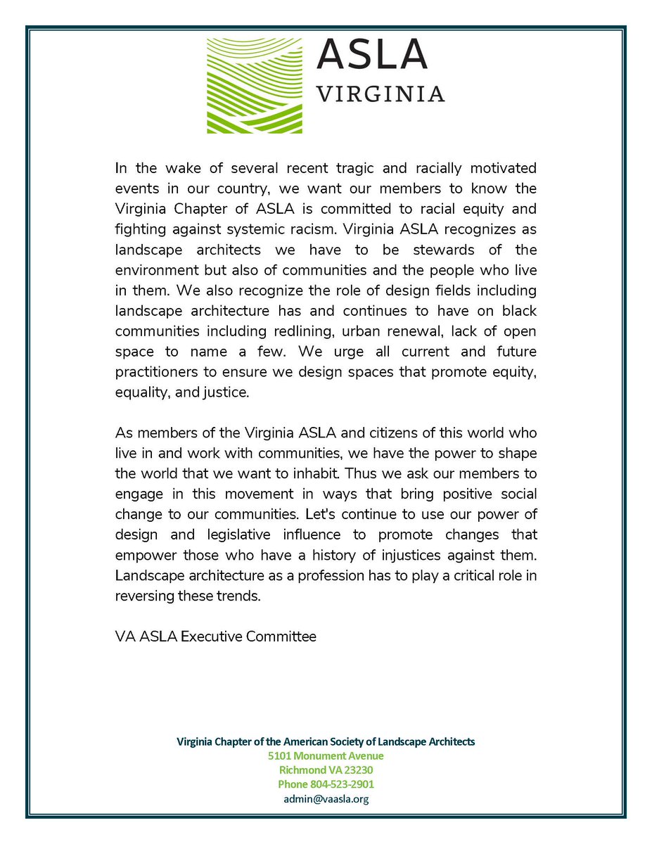 Virginia_ASLA's tweet photo. An important message from the VA ASLA Executive Committee on the recent tragic events in our country. https://t.co/hgbHhMizfV