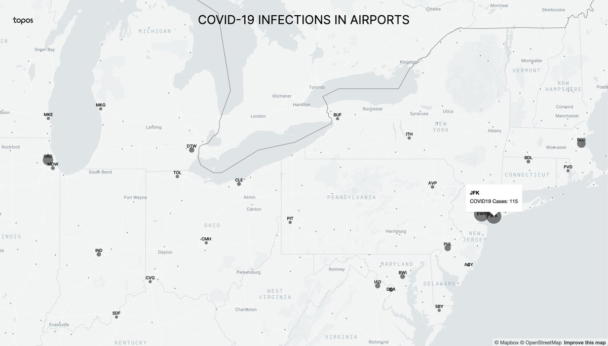 topos_ai's tweet photo. Flight attendants are at higher risk of contracting #COVID19 due to the nature of their jobs (https://t.co/HjTtm9mLRr). But what about TSA employees? To check this, we mapped airports with confirmed #COVID19 cases among employees https://t.co/LPzQuVGkYn